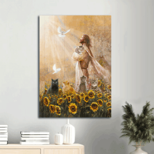 Jesus and Cat Portrait Poster Home Decor Gift - Real Face of Jesus Cat Sunflower Garden Dove Drawing - Ideal Christian and Cat Lovers Gift
