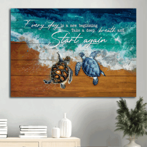 Christian Home Decor Gift: Jesus & Turtle Painting Blue Ocean Landscape Poster - New Beginning Wall Art