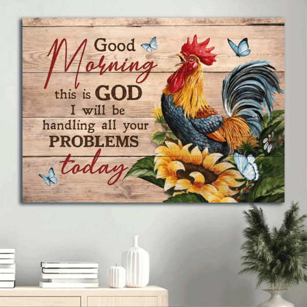 Christian Home Decor Gift: Jesus Landscape Poster with Sunflower Blue Butterfly and Rooster Painting