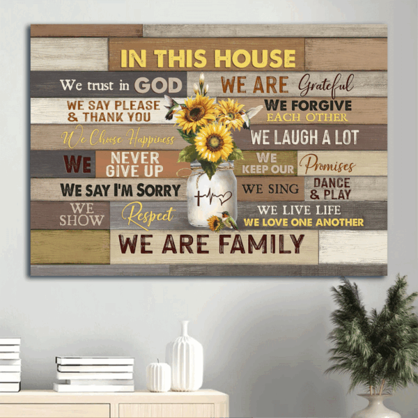 Jesus Landscape Poster – Sunflower Mason Jar Hummingbird Home Decor Gift for Christian – In This House We Trust In God