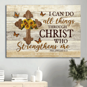 Christian Home Decor Gift: Jesus Landscape Poster - Sunflower Butterfly Wooden Cross - I Can Do All Things Through Christ