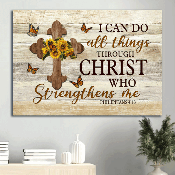 Christian Home Decor Gift: Jesus Landscape Poster – Sunflower Butterfly Wooden Cross – I Can Do All Things Through Christ