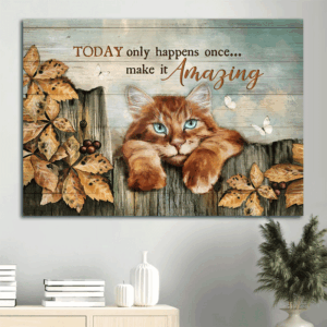 Jesus and Cat Landscape Poster - Tabby Cat White Butterfly Garden Fence - Gift for Christian & Cat Lovers - Today Only Happens Once