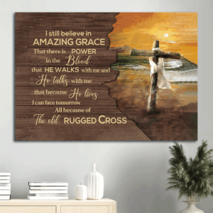 Sunset Beach & Wooden Cross Jesus Poster - Christian Home Decor Gift - Amazing Grace