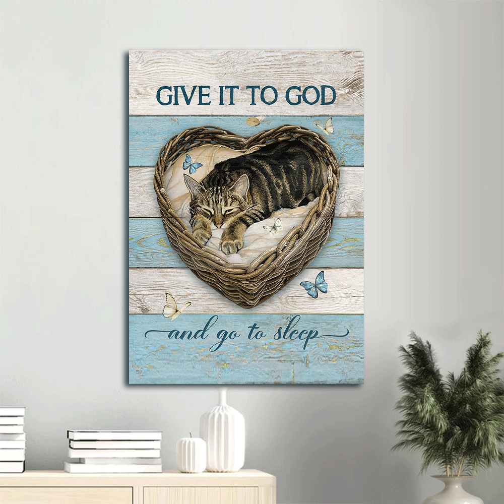 Christian Cat Lovers Gift: Jesus and Cat Portrait Poster Home Decor with Blue Butterfly – Give It to God and Go to Sleep Christian Cat Lovers Gift: Jesus and Cat Portrait Poster Home Decor with Blue Butterfly – Give It to God and Go to Sleep