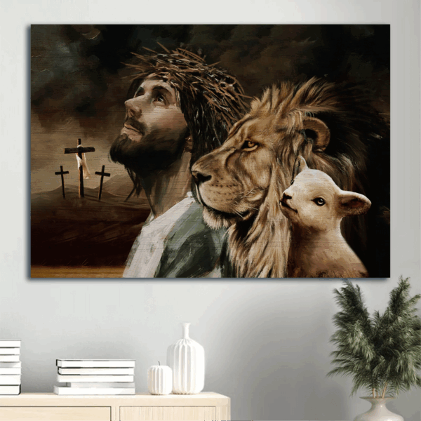 Jesus Landscape Poster Home Decor Gift – The Lamb Of God Lion Of Judah Cross Symbol – Perfect Christian Gift