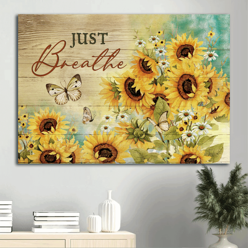 Jesus Landscape Poster Home Decor Gift – Sunflower Garden Daisy Flower Butterfly Drawing – Gift For Christian – Just Breathe Jesus Landscape Poster Home Decor Gift – Sunflower Garden Daisy Flower Butterfly Drawing – Gift For Christian – Just Breathe