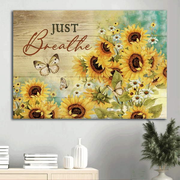 Jesus Landscape Poster Home Decor Gift – Sunflower Garden Daisy Flower Butterfly Drawing – Gift For Christian – Just Breathe