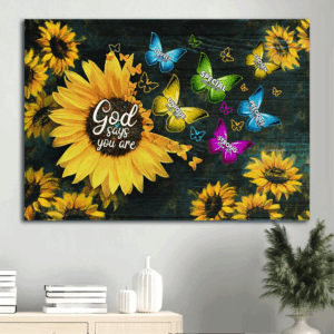 Jesus Landscape Sunflower Painting Poster - Christian Home Decor Gift with Colorful Butterfly and Dark Blue Background