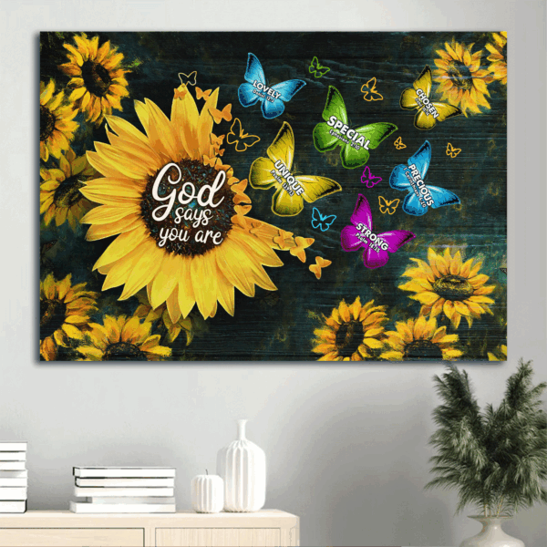 Jesus Landscape Sunflower Painting Poster – Christian Home Decor Gift with Colorful Butterfly and Dark Blue Background