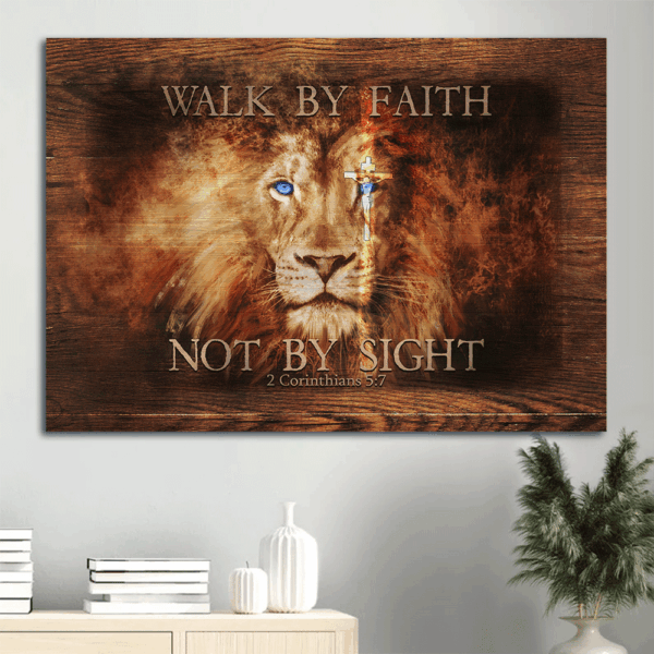 Jesus Lion of Judah Cross  Poster Home Decor Gift – Christian Home Decor Gift – Walk by Faith – Wall Art Print