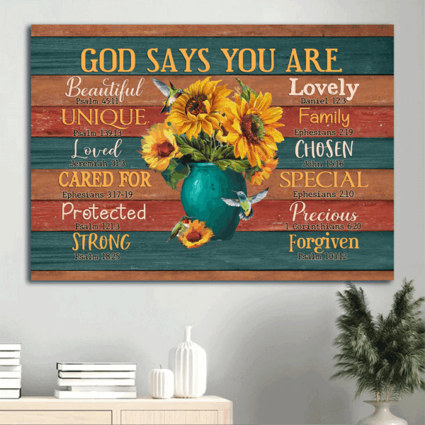 Jesus Landscape Sunflower Painting Poster Home Decor Gift – Blue Vase Hummingbird God Says You Are Special – Christian Gift