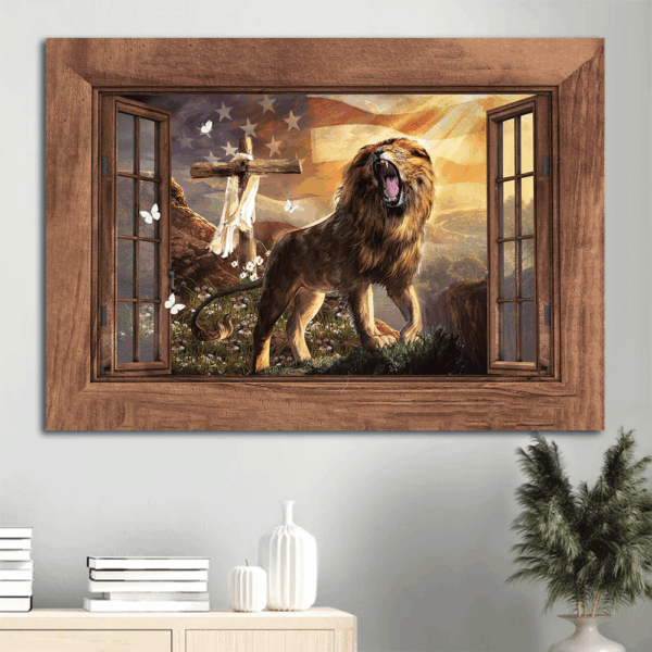 Jesus Lion of Judah Cross American Flag  Poster Home Decor Gift – Christian Home Decor Gift