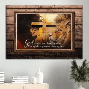 Christian Landscape Poster: Lion of Judah & Big Cross  Poster Home Decor Gift - God is Near Home Decor Gift