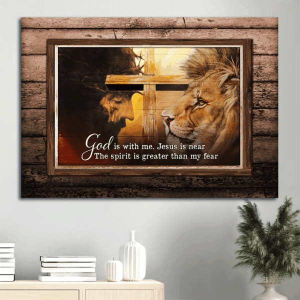 Christian Landscape Poster: Lion of Judah & Big Cross  Poster Home Decor Gift – God is Near Home Decor Gift