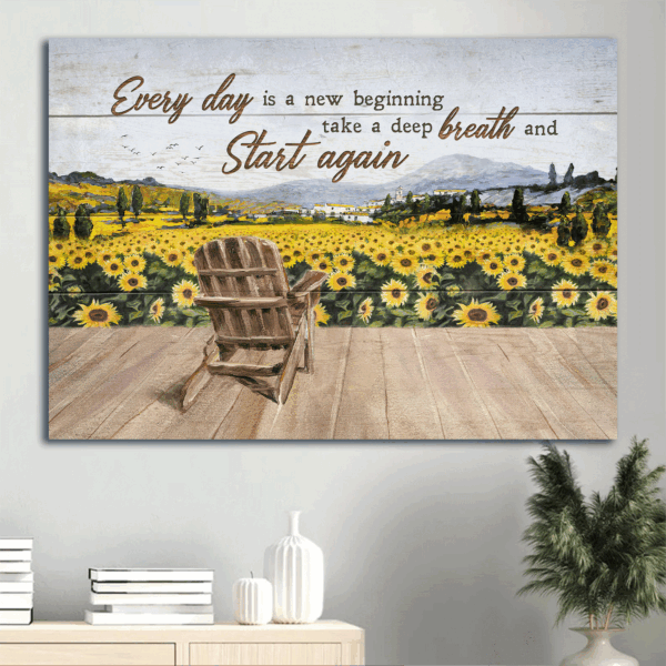 Christian Home Decor Gift: Jesus Landscape & Sunflower Painting Poster – Peaceful Village & Flower Field Art – New Beginning Wall Decor