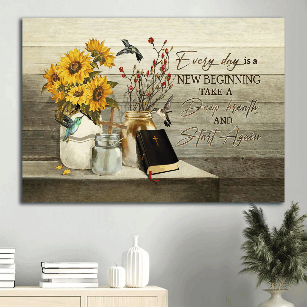 Christian Home Decor Gift: Jesus Landscape Poster with Sunflower Painting and Wooden Cross – Every Day Is A New Beginning Christian Home Decor Gift: Jesus Landscape Poster with Sunflower Painting and Wooden Cross – Every Day Is A New Beginning