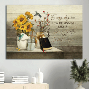 Christian Home Decor Gift: Jesus Landscape Poster with Sunflower Painting and Wooden Cross - Every Day Is A New Beginning