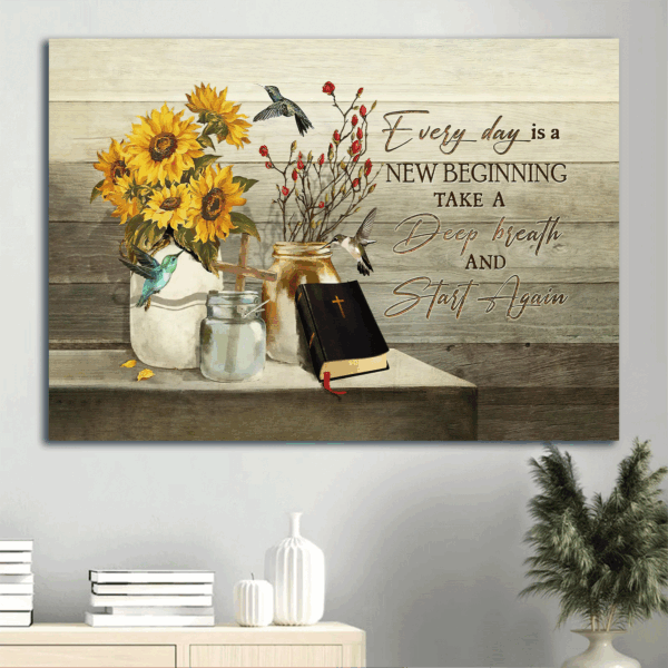 Christian Home Decor Gift: Jesus Landscape Poster with Sunflower Painting and Wooden Cross – Every Day Is A New Beginning