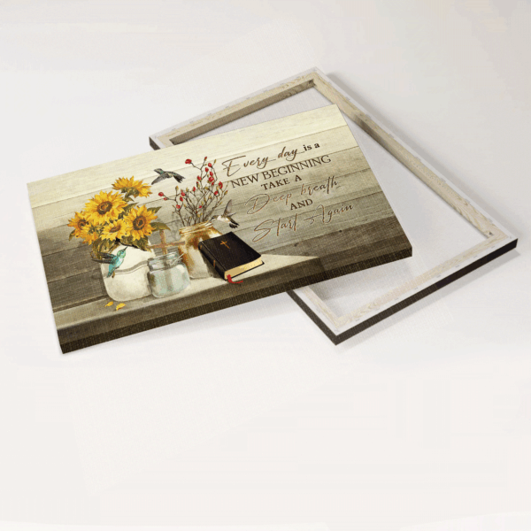 Christian Home Decor Gift: Jesus Landscape Poster with Sunflower Painting and Wooden Cross – Every Day Is A New Beginning