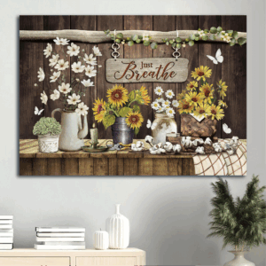 Jesus Landscape Poster Home Decor Gift - Sunflower Vase Painting - White Butterfly Christian Gift - Just Breathe Wall Art