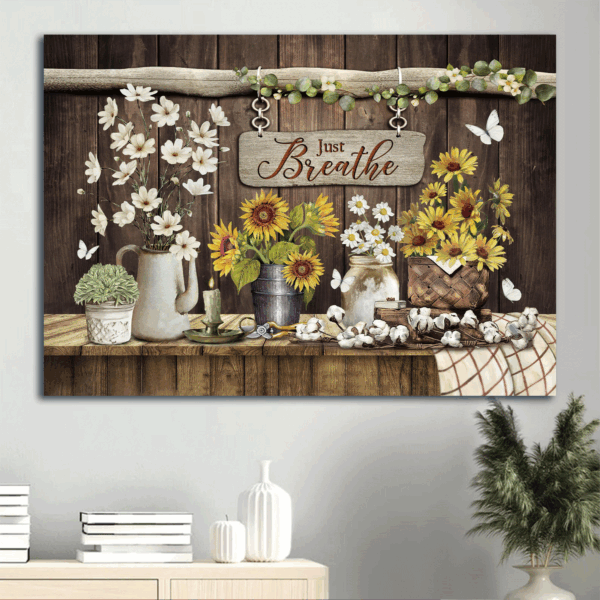 Jesus Landscape Poster Home Decor Gift – Sunflower Vase Painting – White Butterfly Christian Gift – Just Breathe Wall Art
