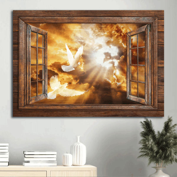 Jesus Landscape Poster – Stunning Sunset White Dove Drawing Infinite Halo – Christian Home Decor Gift