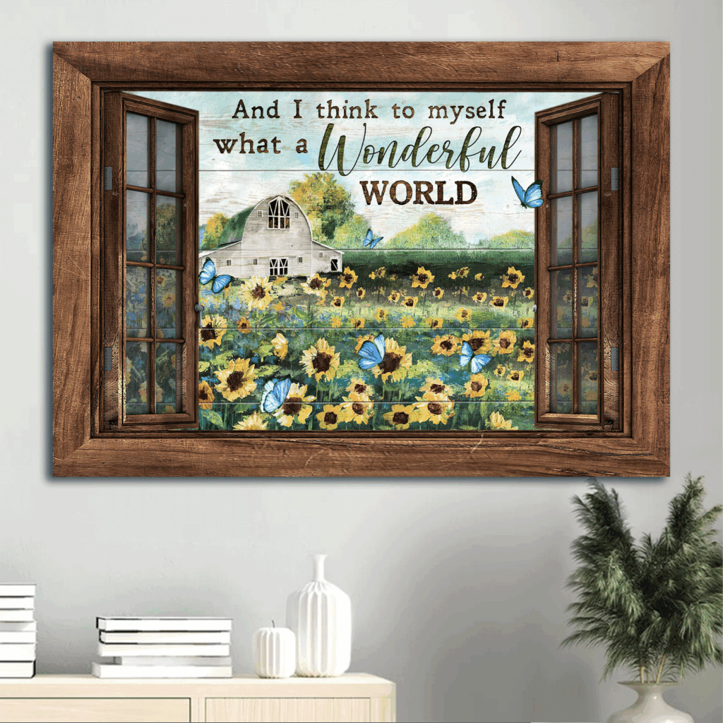 Christian Home Decor Gift: Jesus Landscape Poster – Sunflower Field Blue Butterflies Window Frame – Wonderful World Christian Home Decor Gift: Jesus Landscape Poster – Sunflower Field Blue Butterflies Window Frame – Wonderful World