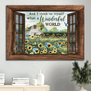 Christian Home Decor Gift: Jesus Landscape Poster - Sunflower Field Blue Butterflies Window Frame - Wonderful World