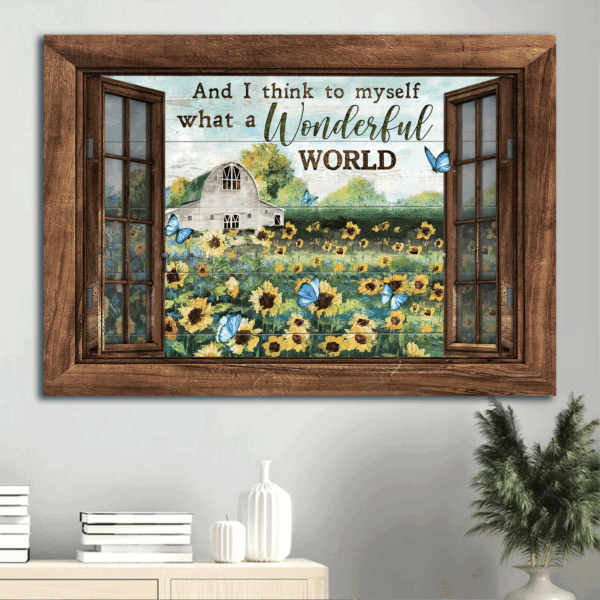 Christian Home Decor Gift: Jesus Landscape Poster – Sunflower Field Blue Butterflies Window Frame – Wonderful World