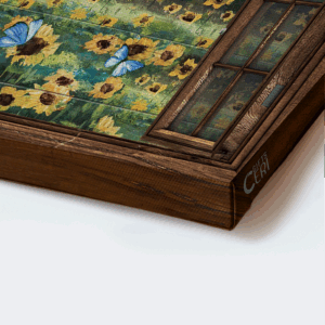 Christian Home Decor Gift: Jesus Landscape Poster - Sunflower Field Blue Butterflies Window Frame - Wonderful World 1