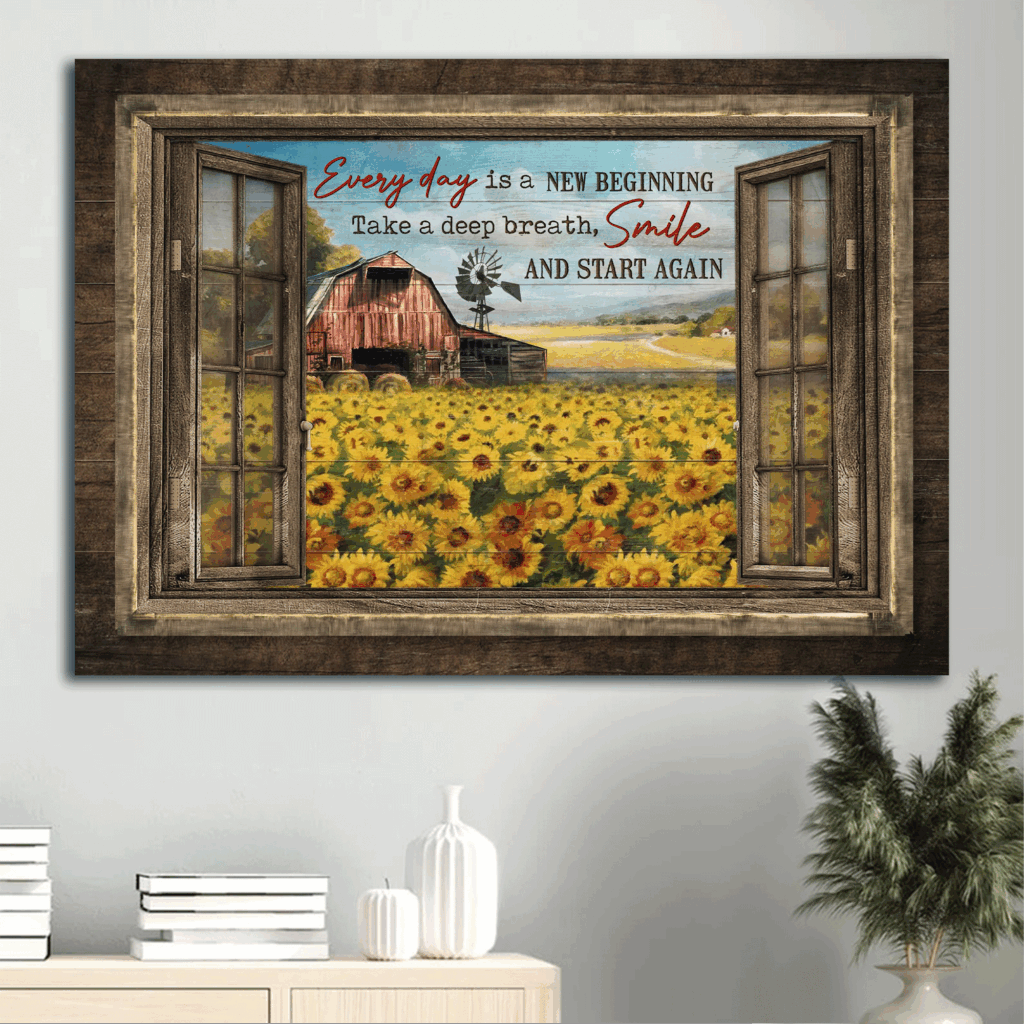 Jesus Landscape Poster Home Decor Gift – Sunflower Field & Red Barn Wall Art – Every Day Is A New Beginning Print Jesus Landscape Poster Home Decor Gift – Sunflower Field & Red Barn Wall Art – Every Day Is A New Beginning Print