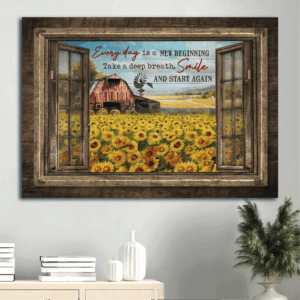 Jesus Landscape Poster Home Decor Gift - Sunflower Field & Red Barn Wall Art - Every Day Is A New Beginning Print