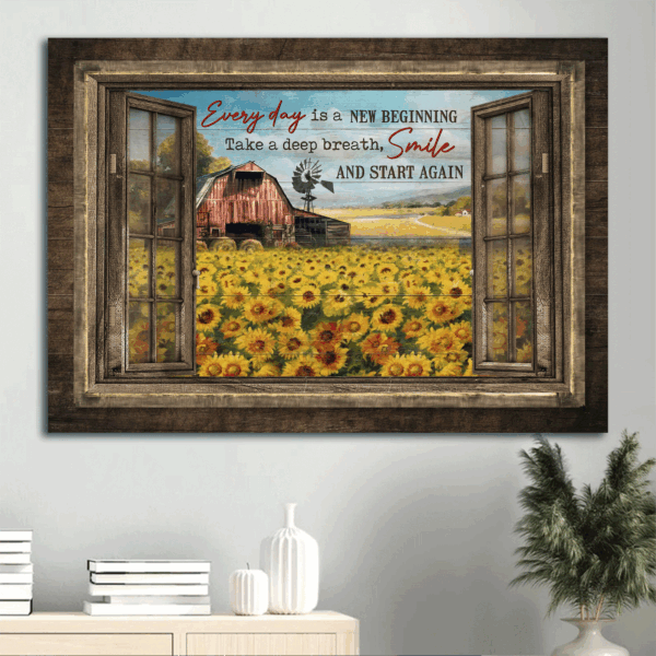 Jesus Landscape Poster Home Decor Gift – Sunflower Field & Red Barn Wall Art – Every Day Is A New Beginning Print