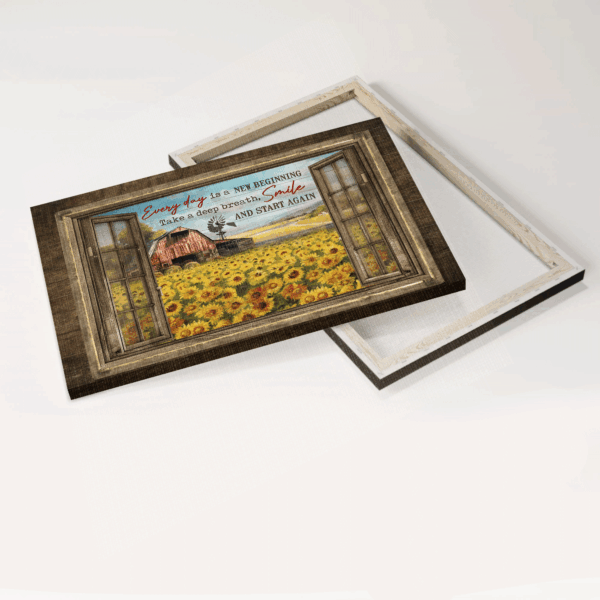 Jesus Landscape Poster Home Decor Gift – Sunflower Field & Red Barn Wall Art – Every Day Is A New Beginning Print