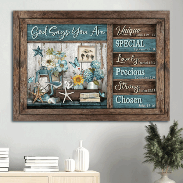 Jesus Landscape Poster – Summer Vibe Home Decor Gift for Christian – Unique God Says You Are – Blue Lantern & Beautiful Flower
