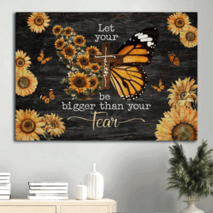 Christian Home Decor Gift: Jesus Landscape & Wooden Cross Poster - Faith Over Fear Sunflower & Butterfly
