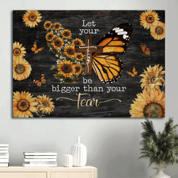Christian Home Decor Gift: Jesus Landscape & Wooden Cross Poster – Faith Over Fear Sunflower & Butterfly