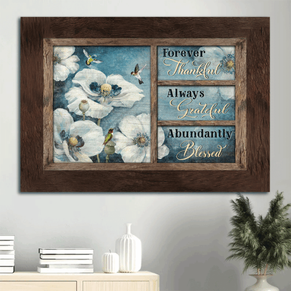 Jesus Landscape Poster Home Decor Gift – Hummingbird & White Flower Painting for Christians – Grateful Blessings Christian Wall Art