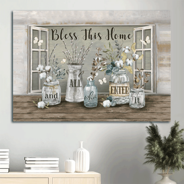 Jesus Landscape Poster – Christian Home Decor Gift with Cotton Flower Crystal Vase and White Butterfly  Poster Home Decor Gift