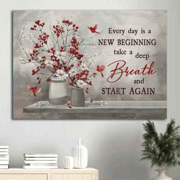 Christian Landscape Poster Home Decor Gift – Red Cranberry Daisy Flower Cardinal Wall Art