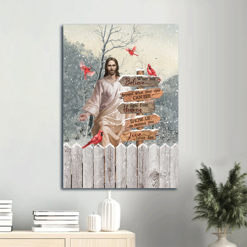 Heavenly Winter Season Memorial Portrait Poster – Red Cardinal & Jesus Christ Wall Art Gift for Family Heavenly Winter Season Memorial Portrait Poster – Red Cardinal & Jesus Christ Wall Art Gift for Family