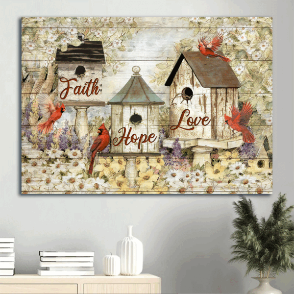 Christian Landscape Poster Home Decor Gift – Red Cardinals Bird House Flower Garden Faith Hope Love Wall Art