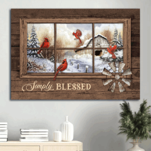 Christian Landscape Poster - Red Cardinal White Snow Windmill Gift for Christian Home Decor