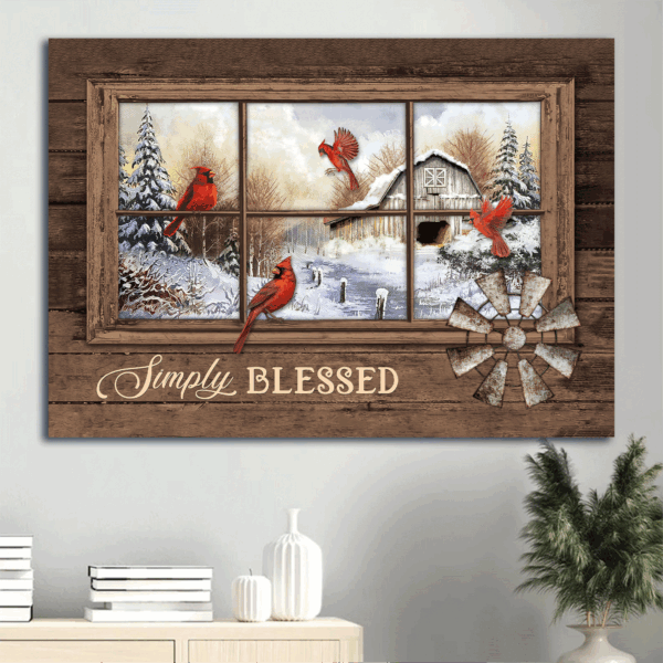 Christian Landscape Poster – Red Cardinal White Snow Windmill Gift for Christian Home Decor