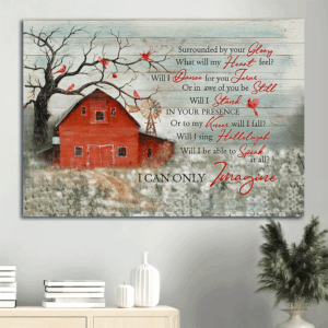 Jesus Landscape Poster Home Decor Gift - Red Barn Dandelion Field Cardinal Drawing - Christian Wall Art