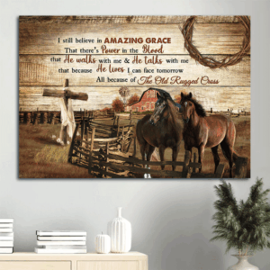 Christian Landscape Poster: Quarter Horses Wooden Fence Yellow Sky - Gift for Christian Home Decor - Amazing Grace Wall Art