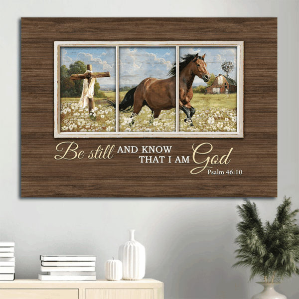 Christian Landscape Poster Home Decor Gift – Quarter Horse White Flower Field Blue Sky – Be Still and Know That I Am God – Christian Wall Art