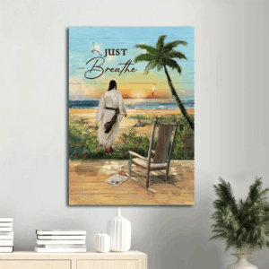 Christian Home Decor Gift: Jesus Portrait Poster with Sunset Chair Flower Painting Seagull - Wall Art Print
