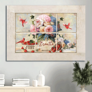 Jesus Landscape Poster Home Decor Gift - Christian Wall Art with Rose Strawberry Cardinal - Just Breathe  Poster Home Decor Gift Print